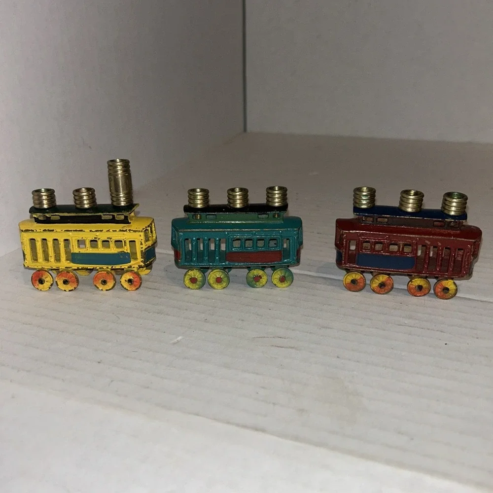 Vintage Kids Menorah Cars Train Hanukkah‎ Judaica Trolley Cast Iron Brass D4